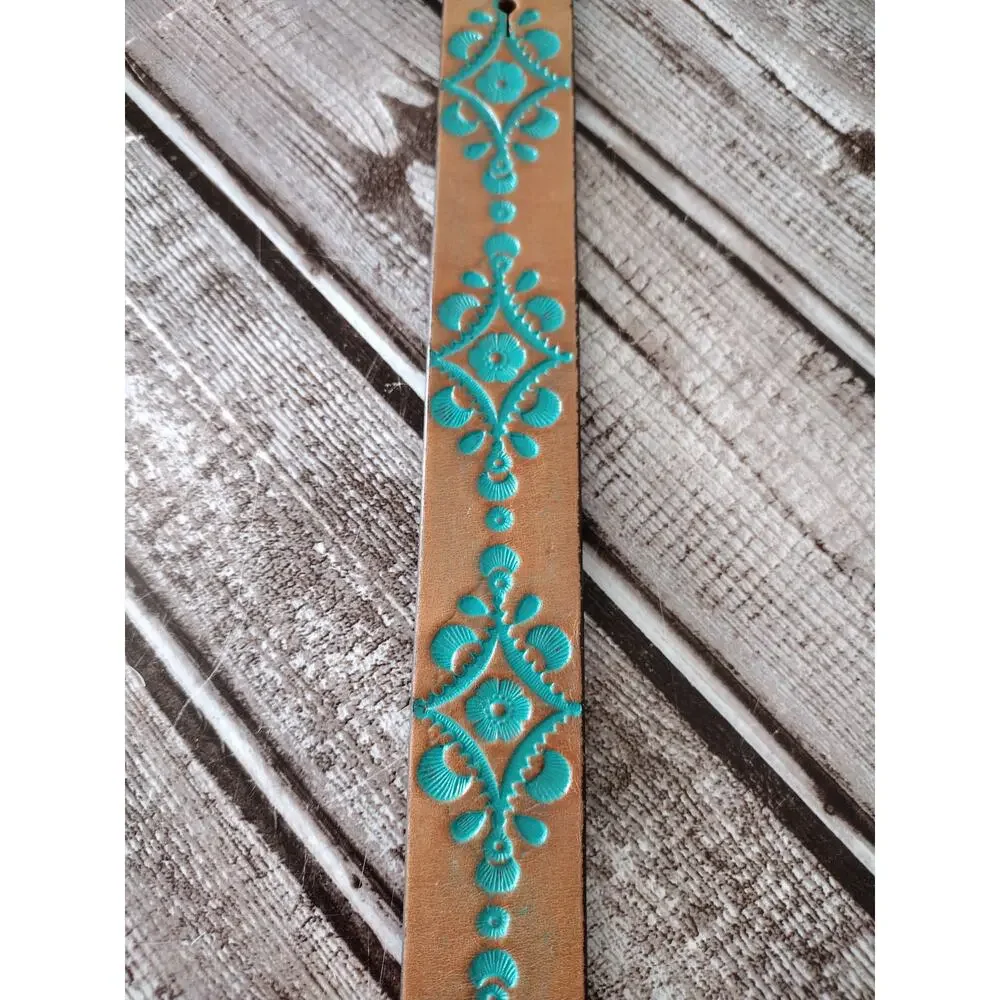 Justin Brown w/Teal Accent Tooled Leather Belt Silver-Tone Heart Buckle Women 24